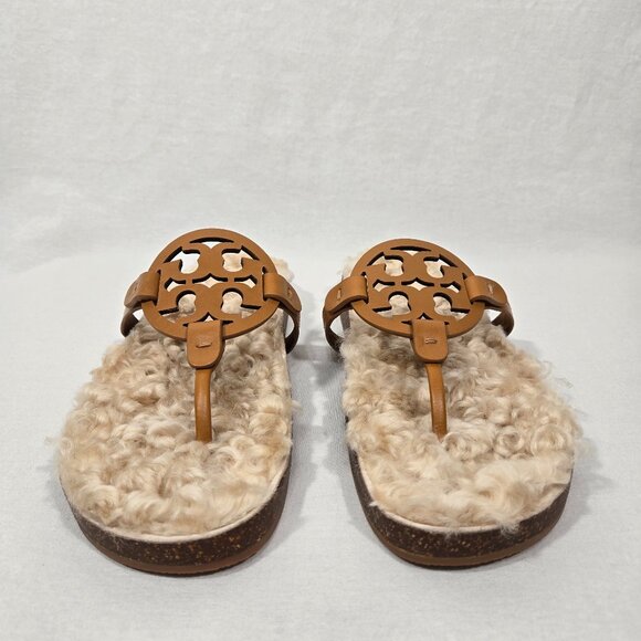 TORY BURCH Caramel MILLER CLOUD Shearling Leather Thong Slip-On Sandal Size 9.5M - Picture 11 of 17